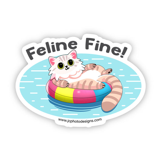 ‘Feline Fine!’ Pool Cat Sticker - Cheerful Cat on Floatie Sticker