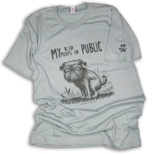 Humorous Brussels Griffon Dusty Blue Unisex T-Shirt - 'My Kid Poops in Public'