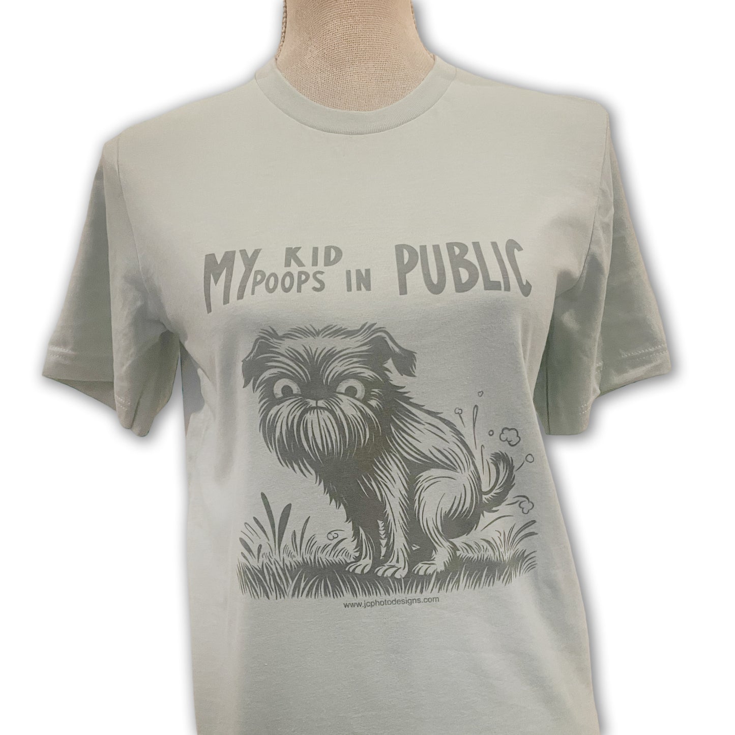 Humorous Brussels Griffon Dusty Blue Unisex T-Shirt - 'My Kid Poops in Public'